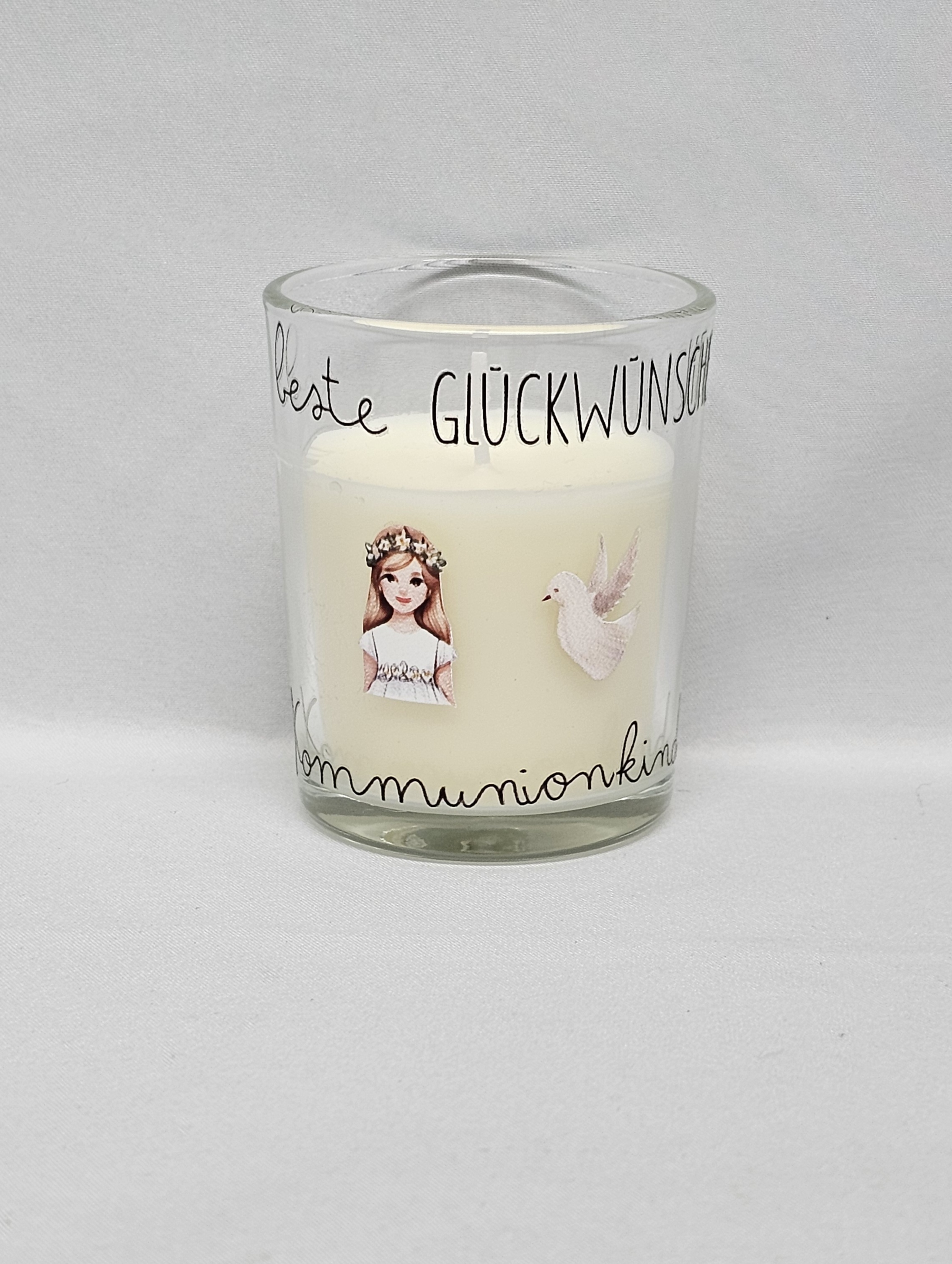 Kerze im Glas, Motiv (Mädchen) "beste Glückwünsche - Kommunionkind"