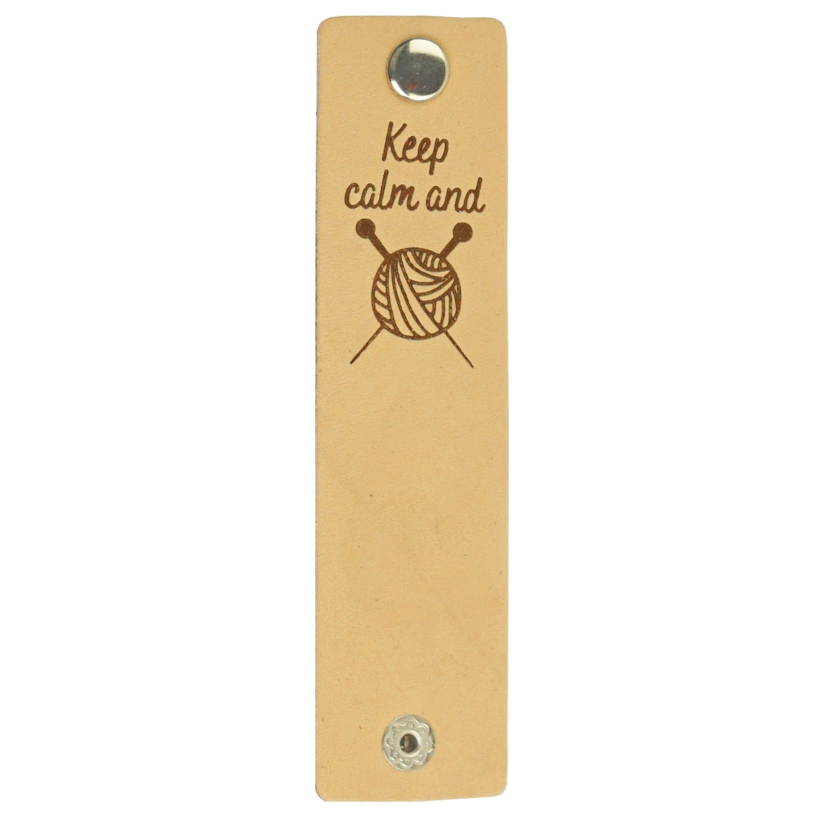 Durable "Keep calm and knit" Lederlabel mit Druckknopf / 12 x 3cm / 2-St.-Packung